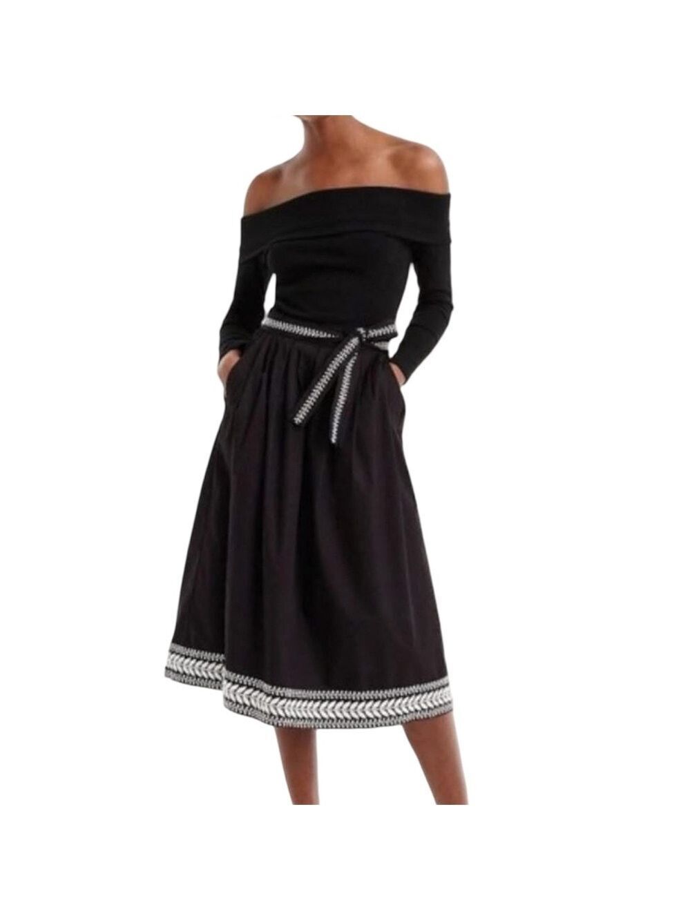 J. Crew Black Cotton Midi A-Line Skirt with Tie Front XXS